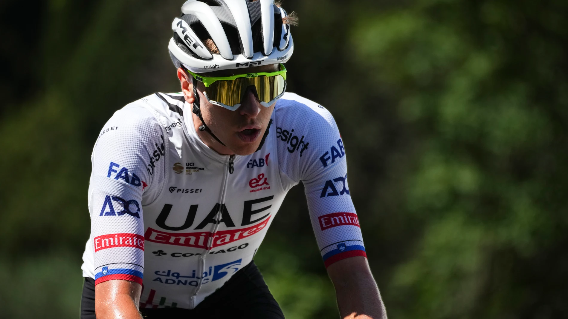 Slovenia's Tadej Pogacar rides during a training near Florence, Italy, Friday, June 28, 2024, one day before the start of the Tour de France cycling race. (AP Photo/Daniel Cole)